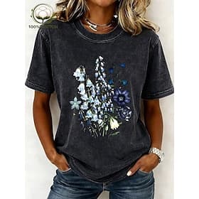 t-shirt da donna 100% cotone stampa acid wash vintage lavato grafica piante lettera elegante basic classico manica corta girocollo top regolare casual quotidia