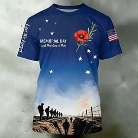 Memorial Day Last Monday in May Men's Patriotic Soldier Silhouette All Over Print T Shirt Graphic Crew Neck Short Sleeve Lest We Forget Veteran Tribute Gift De