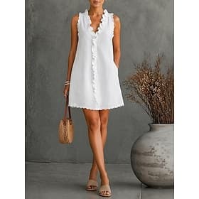 Femmes Mini robe Robe Décontractée Robe en Coton Robe trapèze Mode Moderne Quotidien Vacances Sortir Coupe régulière Uni Sans manches Col en V Bleu Noir Blanch