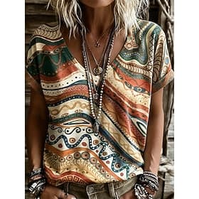 Women's T Shirt Print Graphic Geometric Tribal Stylish Casual Short Sleeve V Neck Regular Tops Casual Daily Yellow Purple Orange Brown Summer Spring