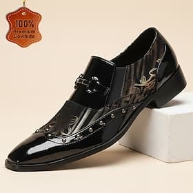 Schwarze Herren-Slipper aus Lackleder mit spitzer Zehenpartie, Stickerei und Metallapplikation – perfekt zum Hineinschlüpfen, für Hochzeiten, Bankette, Partys,