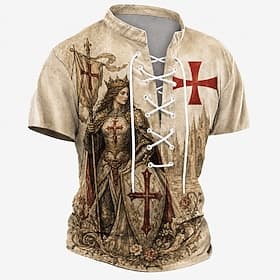 Caballeros Templarios, armadura femenina, Cruz Roja, hombre, medieval, cruzado, camisa Henley, estampado integral, cordones, estilo vintage, feria renacentista