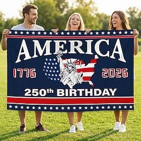 U.S. 250th Anniversary Commemorative Patriotic 1776‑2026 Wall Tapestry with Eagle Liberty Bell Statue of Liberty Red Blue color for Holiday deco backdrop