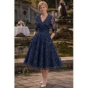 A-Line Tea Length Mother of the Bride Dress 3/4 Length Sleeve V Neck Lapel Elegant Vintage Formal Wedding Guest Satin Lace with 3D Flowers Ruched Embroidery