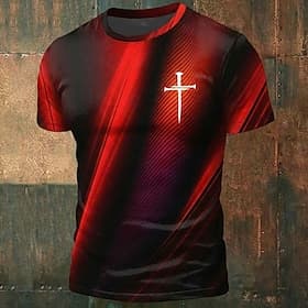 Modernes Herren-T-Shirt mit Kreuzmotiv, rot-schwarzem Farbverlauf, Rundhalsausschnitt und kurzen Ärmeln, christliches Geschenk für ihn, Designer-Kleidung