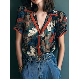 Damen Hemd Bluse Chiffon Tops Knöpfe Blumen Vintage Klassisch Modern Kurzarm V Ausschnitt Normale Oberteile Täglich Ferien Ausgehen Grün Sommer Frühling