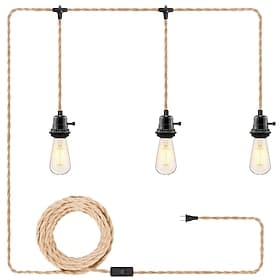 15FT 1 Light Plug 23FT 3 Light Plug in Pendant Light Cord, Hanging Lights with Plug in Cord, Hemp Rope Hanging Light Kit with 2 Way Switch, Farmhouse Pendan
