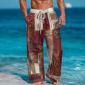 Herren Boho Farbblock Patchwork Hose Freizeithose Baggy-Hosen Mittlere Taille Ethnisch Vintage-Retro Heim Outdoor Urlaub Seitentaschen Weites Bein Elastischer