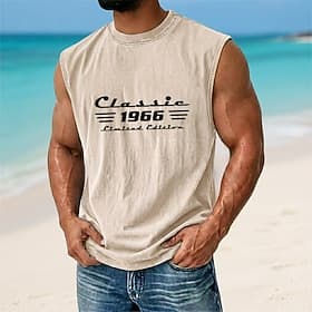 Débardeur homme 1966, t-shirt délavé à l'acide, t-shirt sans manches, imprimé graphique, col rond, mode vacances tropicales, plage, noir, marron, vert, printem