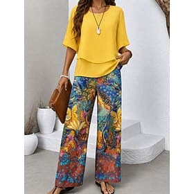 Women's Pants Sets Half Sleeve Butterfly Sleeve Round Neck Floral Graphic Elegant Vacation Casual Daily Beach Blue Yellow Spring Summer Loose Fit