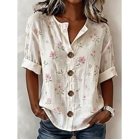 Women's Shirt Print Floral Graphic Elegant Vintage Stylish Half Sleeve V Neck Regular Tops Casual Daily Holiday Blue White Yellow Pink Purple Summer Spring