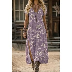 Women's Midi Dress Sundress A Line Dress Vacation Casual Boho Beach Going out Standard Fit Floral Graphic Short Sleeve V Neck Blue Light Purple Summer Spring