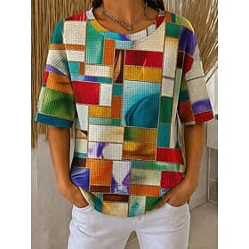 Femmes Tee-shirt Gaufre Tops tricotés texturés T-shirt Hauts d'été Épaule tombante Imprimé Graphique Géométrique ancien Élégant Classique Manche Courte Col ras