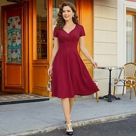 Années 1950 Rétro Vintage Mi-long Robe Robe trapèze Robe Évasée Normal Couleur Unie Ajusté Évasé Balançoire Col en V Déguisement Femmes Carnaval Nouvel An Mas
