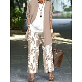 Women's Pants Sets Long Sleeve Round Neck Floral Graphic Print Fashion Streetwear Casual Daily Outdoor Red Green Khaki Spring Summer Regular Fit