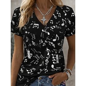 Women's T Shirt Print Striped Floral Graphic Music Vintage Stylish Classic Short Sleeve V Neck Regular Tops Daily Sports Going out Black Red Summer Spring Fall