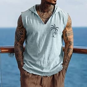 Herren-Tanktop mit Palmenmotiv, tropischem Boho-Stil, ärmellos, Kapuze, Baumwoll-Leinen-Optik, ausgefranstem Saum, lockerer Passform, Strand, Sommerurlaub, Kre