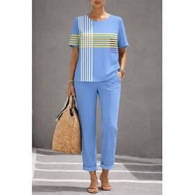 Mujer Conjuntos de lino y algodón Manga Corta Escote Redondo Graphic Geométrico Elegante Bohemia Activo Casual Diario Azul Piscina Rosa Caqui Primavera verano