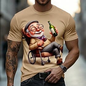 T-shirt humoristique à manches courtes et col rond représentant un vieil homme souriant buvant du vin en fauteuil roulant (illustration 3D). Cadeau idéal pour