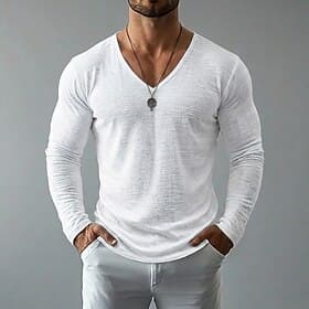 Men's Tee Top Linen T-Shirt Long Sleeve V Neck Spring Summer Summer Spring Solid Color Daily Casual Street Style Plain Casual Outdoor Street Blue Lake blue Bl