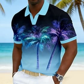Men's Palm Tree Hawaiian Polo Shirts Short Sleeve Polo Shirts V Neck Casual Resort Athleisure Daily Wear Vacation Wear 3D Print Spring Summer Blue Purple Gree