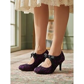 Women's 1950s Vintage Dark Purple Lace Heels - Elegant Deep Violet Floral Lace Pumps with Satin Ribbon Bow Cross Straps for Retro Proms, Evening Galas Weddin