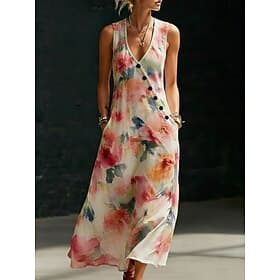 Women's Maxi Dress Sundress Casual Dress A Line Dress Elegant Vacation Stylish Beach Holiday Regular Fit Floral Graphic Sleeveless V Neck Black Red Summer Spri