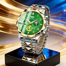 Orologio da uomo di lusso con quadrante verde, cronografo, orologio da polso al quarzo in acciaio inossidabile bicolore oro e argento, impermeabile, elegante e