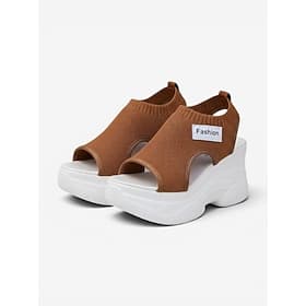 Sandalias de cuña de punto marrón para mujer, sandalias deportivas de punto transpirables, calzado casual versátil para vacaciones y caminatas. verano diario