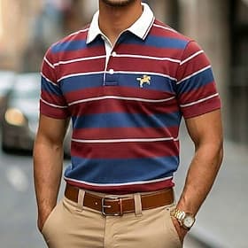 Men's Horizontal Stripes Rugby Polo Short Sleeve Polo Shirts Lapel Casual Athleisure Daily Wear 3D Print Buttons Spring Summer Blue Red Green