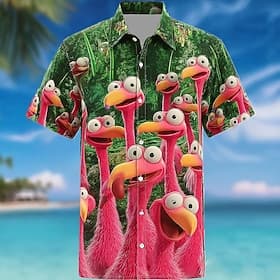 Men's Flamingo Bird Tropical Plants Summer Hawaiian Shirt Tropical Shirts Aloha Shirt Short Sleeve Hawaiian Funny Outdoor Holiday Beach Vacation Wear Summer Sp