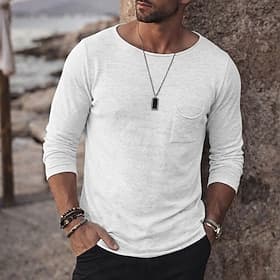 Herren Leinen-T-Shirt Langarm Boot Sommer Frühling Ganzjahres Einfarbig Vintage Böhmische Lässig Taschen Rein Lässig Urlaub Straße Blau Meerblau Schwarz Top T-
