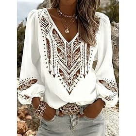 Women's Shirt Graphic Geometric Paisley Bohemia Vacation Vintage Long Sleeve V Neck Regular Tops Daily Holiday Going out Blue White Navy Blue Light Brown Purpl