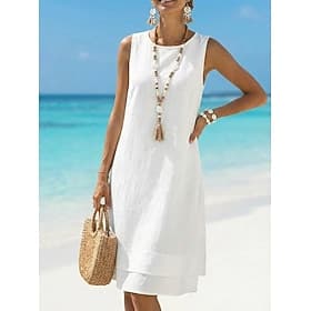 Femmes Robe Longueur Genou Robe Blanche Robe de Plage Robe d'été Élégant Mode Quotidien Vacances Coupe Ample Uni Sans manches Col ras du cou Blanche bleu marin