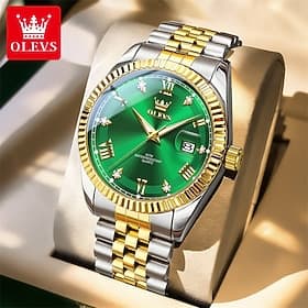 OLEVS Mens Luxury Watch Classic Green Face Two Tone Silver Gold Stainless Steel Waterproof Quartz Wristwatch with Date Luminous Hands Business Dress Fashion Wa