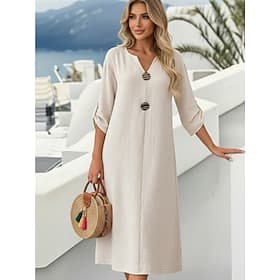 Women's Midi Dress Cotton Linen Dress Fashion Modern Daily Outdoor Vacation Loose Fit Plain Long Sleeve V Neck White Pink Green Light Blue Spring Fall