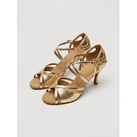 Zapatos de tacón de mujer con puntera abierta, estilo latino metalizado dorado, ideales para bailes de salón y salsa.