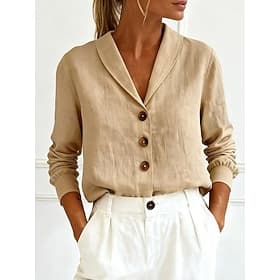 Femmes Chemisier Chemise en faux lin Boutons Couleur Unie Quotidien Élégant Basique manche longue Col Rabattu Hauts Réguliers Quotidien Bleu Blanche Rouge Vert