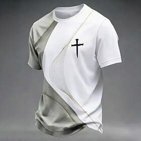 T-shirt homme à motif chrétien, imprimé intégral blanc et gris, col rond, manches courtes, cadeau spirituel chrétien pour homme, vêtement de créateur