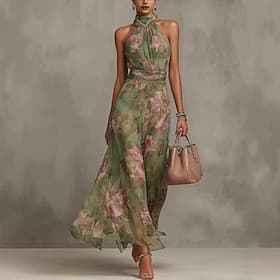 Women's Maxi Dress Chiffon Dress Elegant Daily Outdoor Regular Fit Floral Sleeveless Halter Neck Green Spring