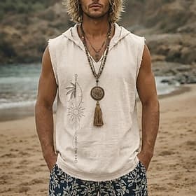 Gilet sans manches à capuche pour homme, imprimé géométrique vertical palmier soleil flèche style bohème tribal, ourlet brut effiloché, coupe ample, idéal pour