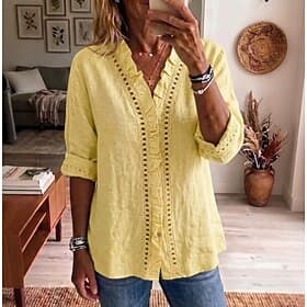 Mujer Camisa Camisas con tacto de lino Retazos Bordado Color sólido Plano Elegante Bohemia Vacaciones Cuello Vuelto Tops largos Casual Azul Piscina Amarillo Ro