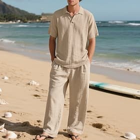 Homme Chemise en lin Deux pièces Chemise popover Et Pantalons en Lin Pantalons Pantalon décontracté Set Uni Quotidien Extérieur Plage Col Rabattu Manche Courte