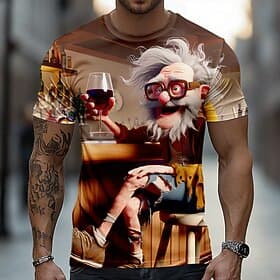 Men's Funny Cartoon Crazy Old Man Holding Red Wine Glass Bar Scene Whimsical Novelty T Shirt All Over Print Casual Short Sleeve Party Pub Wear Designer Clothin