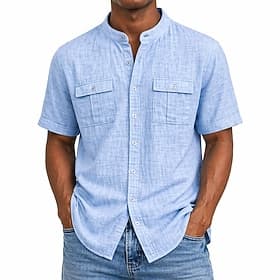 Men's Shirt Linen Shirt Summer Shirt Beach Wear Band Collar Shirt Button Up Shirt Solid Color Casual Vacation Blue Black Navy Blue Green Short Sleeve Stand Col