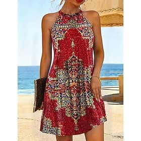 Damen Knielanges Kleid A Linie Kleid Sommerkleid Urlaub Lässig Normale Passform Grafik Boho Paisley Damast Ärmellos Neckholder Rote Purpur Orange Grün Sommer F