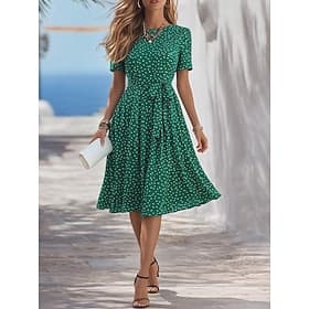 Mujer Vestido Midi Vestido de una línea Vacaciones Casual Exterior Noche Estándar Floral Manga Corta Cuello redondo Azul marinero Negro Vino Verde Trébol Veran