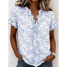 Women's Shirt Tunic Ruffle Floral Graphic Elegant Fashion Daily Short Sleeve V Neck Regular Tops Casual Daily Blue Pink Purple Green Summer Spring
