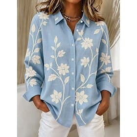 Women's Shirt Buttons Print Floral Graphic Elegant Vintage Tropical Long Sleeve Shirt Collar Regular Tops Casual Daily Work Blue Purple Green Khaki Gray Summer