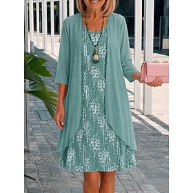 Damen Kleid-Set A Linie Kleid Elegant Urlaub Blumen Grafik Geschichtet Druck Midikleid Dreiviertelarm Rundhalsausschnitt Täglich Blau Orange Sommer Frühling No